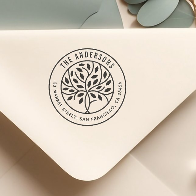 Carimbo Auto Entintado Árvore moderna | Nome da família personalizada e e (Rubber Stamp Mock-up)