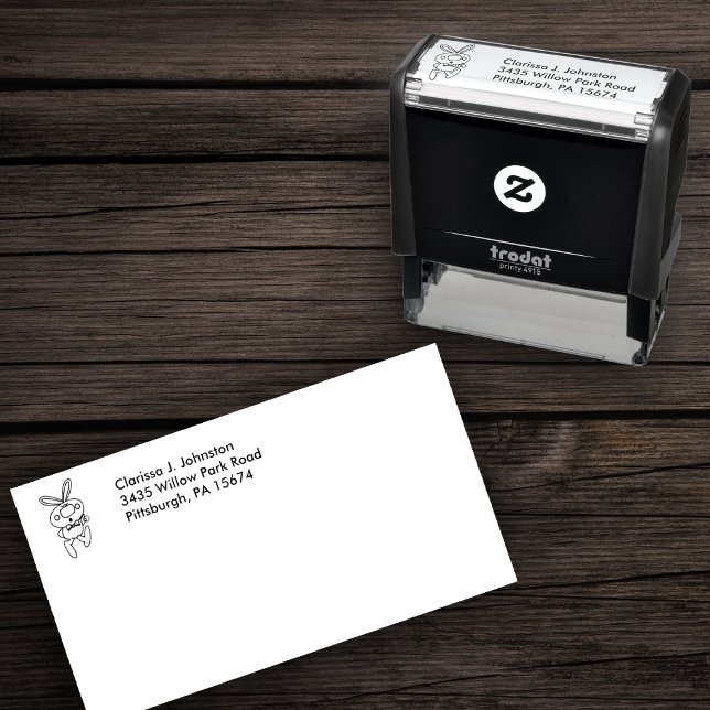 Carimbo Auto Entintado Atira O Coelho Para Cima Desenho Grande Arco Nose (Cute bunny rabbit drawing giving thumbs up wearing bow tie on self inking return address stamp.)