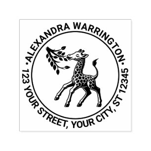 Carimbo Auto Entintado Baby Giraffe Comendo Folha Nome Ret Endereço