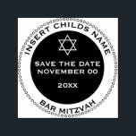 Carimbo Auto Entintado Bar mitzvah rapazes salvam a estrela david<br><div class="desc">Um carimbo redondo com uma coroa externa composta por pequenos círculos e um círculo negro interior sólido modelo a negrito branco e preto que lhe permite inserir a ocasião, o nome dos seus filhos, a data do seu bar mitzvah e o fato de que os convidados devem guardar a data...</div>
