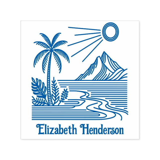 Carimbo Auto Entintado Beach Palm Tree Mountain com nome opcional (Design)