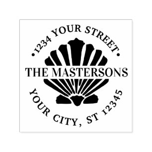 Carimbo Auto Entintado Beachy Scallop Shell Round Name Endereço