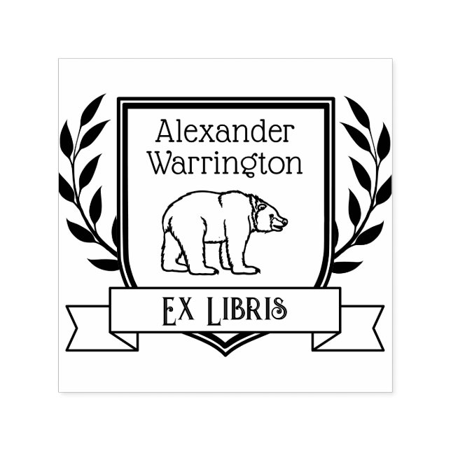 Carimbo Auto Entintado Bear Crest Ribbon Ex Libris Biblioteca Nome (Design)