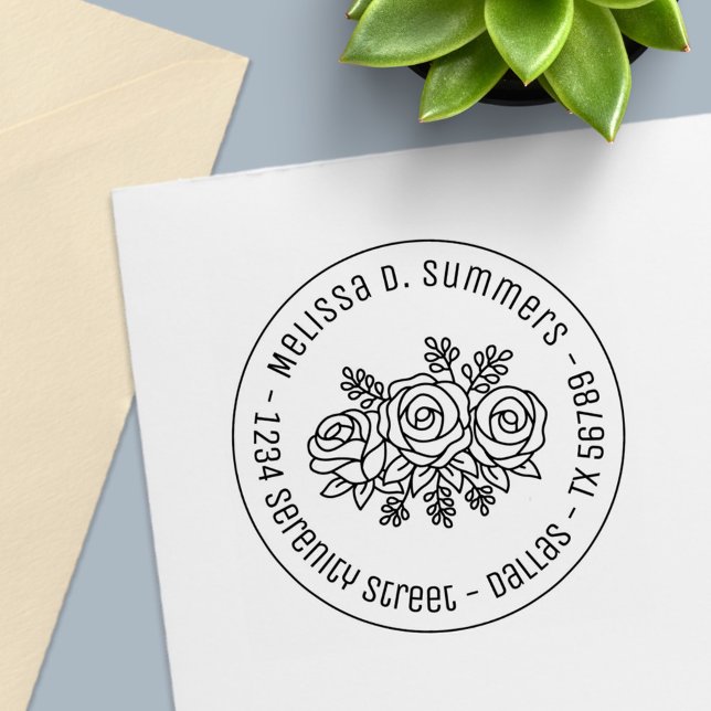 Carimbo Auto Entintado Belo Buquê das Flores Rosa Endereço redondo 3 (Criador carregado)