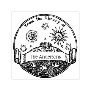Carimbo Auto Entintado Biblioteca de Livros Vintage Sol Lua Estrelas Ocea