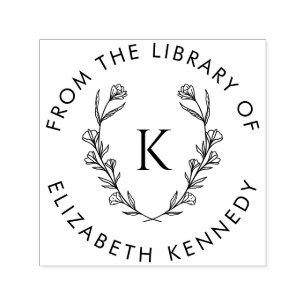 Carimbo Auto Entintado Biblioteca inicial redonda Floral Botânica