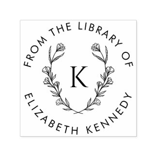 Carimbo Auto Entintado Biblioteca inicial redonda Floral Botânica