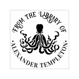 Carimbo Auto Entintado Biblioteca Octopus Silhouette Sea Round #3 Nome do