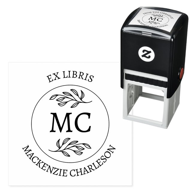 Carimbo Auto Entintado Biblioteca Personalizada Ex Libris de Livro Monogr (Botanical Leaf classical monogram initial personalized Ex Libris from the library of self ink stamp)