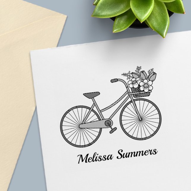 Carimbo Auto Entintado Bicicleta com Cesto de Flores Nome Personalizado (Criador carregado)