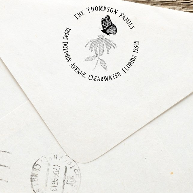 Carimbo Auto Entintado Borboleta de Endereço de Retorno da Família Botâni (Botanical butterfly self inking return address stamp. )