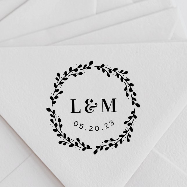 Carimbo Auto Entintado Botânica Wreath Monograma Casamento Salvar a Data (Criador carregado)