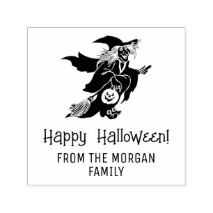 Carimbo Auto Entintado Bruxa & Silhueta de Abóbora Feliz Halloween Nome