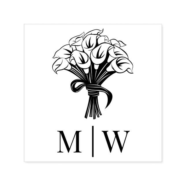 Carimbo Auto Entintado Buquê de Lírios Calla com Laço de Fita Casal Inici (Design)