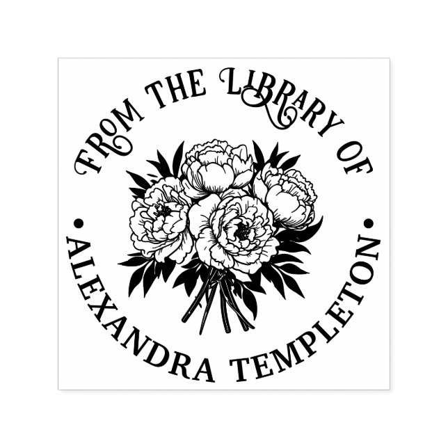 Carimbo Auto Entintado Buquê de Peônias Sombreador de Nome de Livro da Bi (Design)