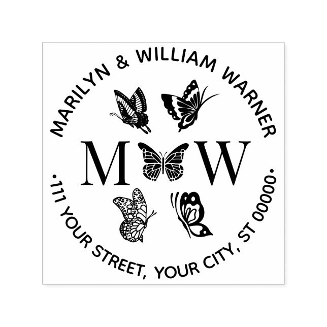 Carimbo Auto Entintado Butterflies #4 Couple 2 Initial Address NF (Design)