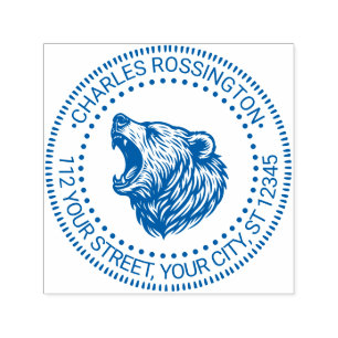 Carimbo Auto Entintado Cabeça de Urso Mostrando Dentes Nome Endereço de R
