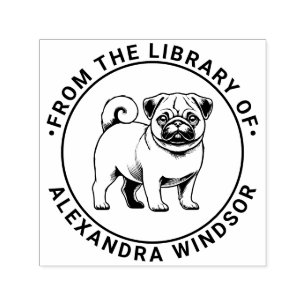 Carimbo Auto Entintado Cachorro Pug em Pé Nome do Livro da Biblioteca
