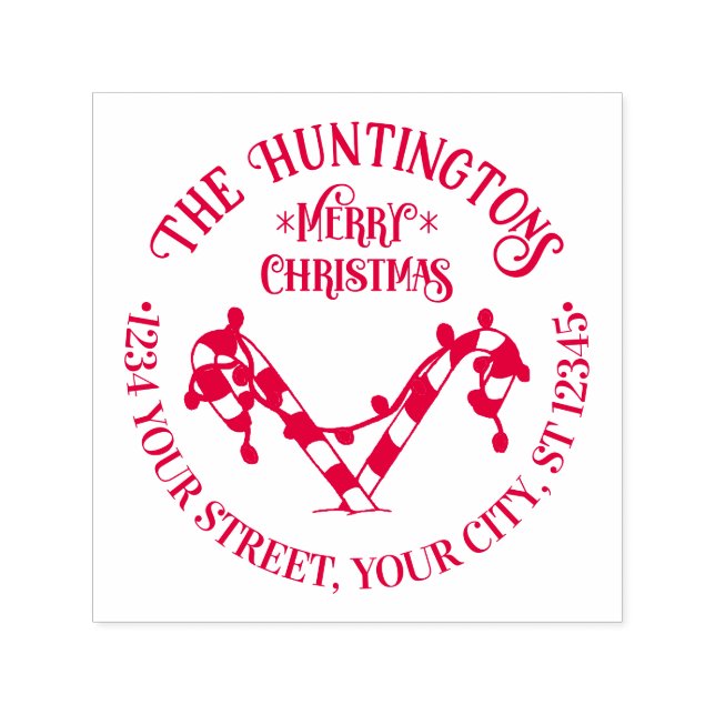 Carimbo Auto Entintado Candy Canes Xmas Lights Nome da Família Ret Endere (Design)