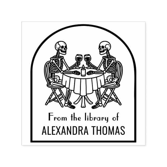 Carimbo Auto Entintado Casal de Esqueletos Bebendo Vinho Nome do Livro na (Design)