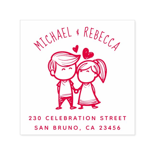 Carimbo Auto Entintado Casal Desenhado à Mão Bonito e Endereço de Retorno (Design)