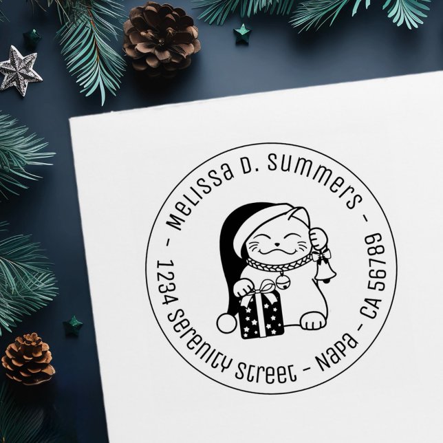 Carimbo Auto Entintado Cat in Christmas Hat Round Address (Criador carregado)