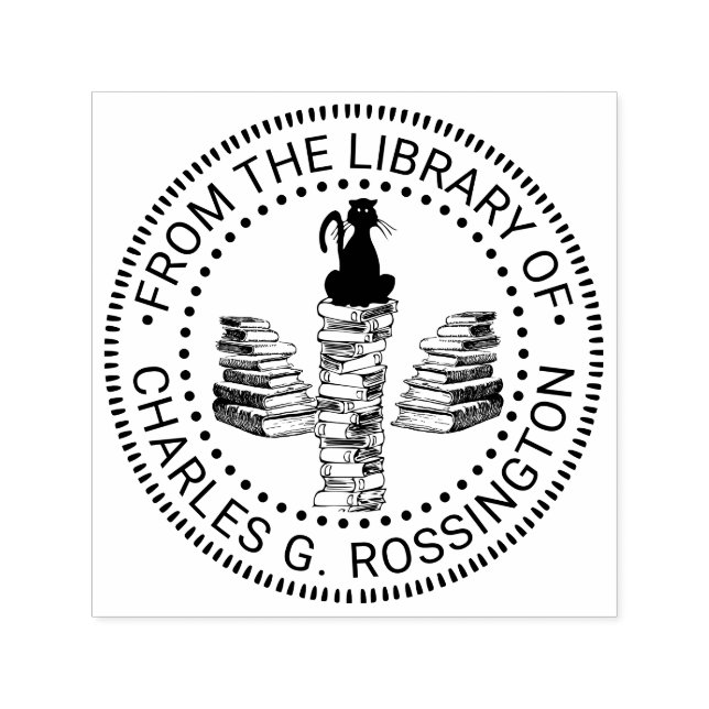 Carimbo Auto Entintado Cat Sentado no Nome da Biblioteca da Pilha de Livr (Design)