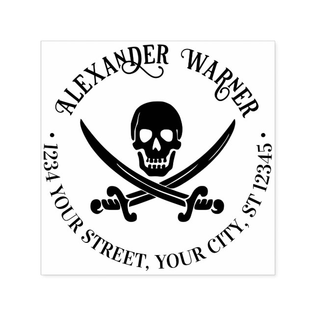 Carimbo Auto Entintado Caveira Pirata Espadas Cruzadas Nome Endereço de R (Design)