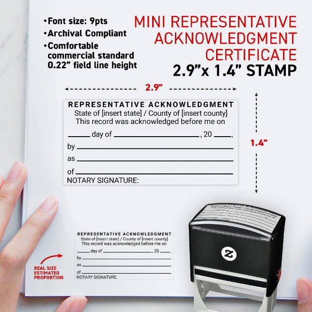 Carimbo Auto Entintado Certificado de Reconhecimento de Representante Not (Short form universal notary acknowledgment in a representative capacity mini self-inking stamp)