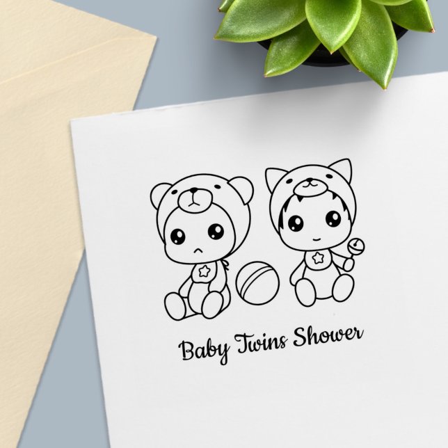 Carimbo Auto Entintado Chá de Bebê Gêmeos Urso Gato Neutro (Criador carregado)