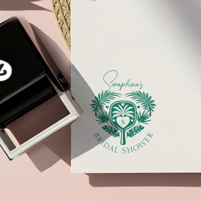 Carimbo Auto Entintado Chá de panela de seleção de árvores tropicais (Retro Tropical Palm Tree Pickleball Bridal Shower Self-inking Stamp)