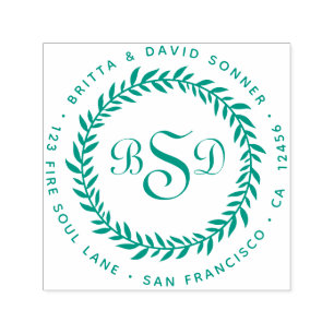 Carimbo Auto Entintado Classic Leaf V Wreath 3 Monogramas - Endereço de 