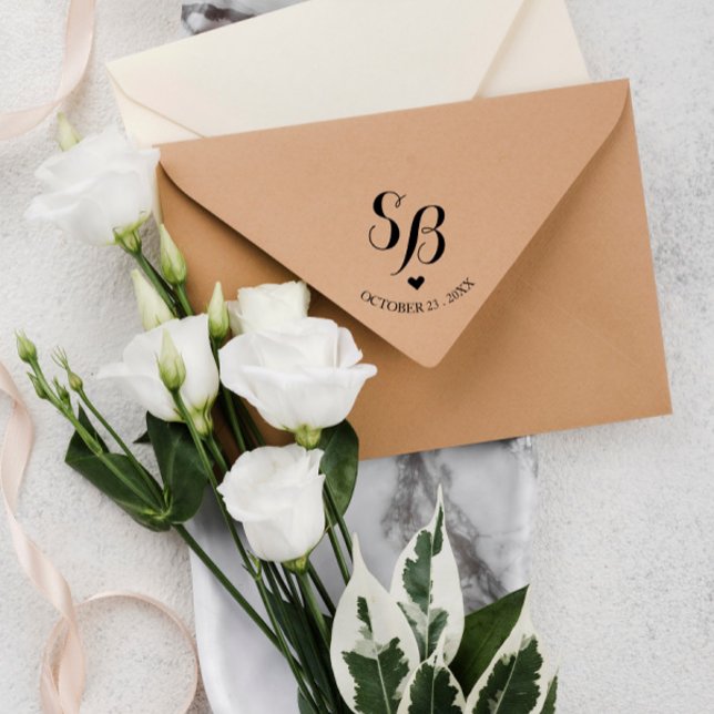 Carimbo Auto Entintado Coração com Monograma Fofo e Data do Casamento (Criador carregado)