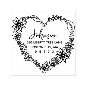 Carimbo Auto Entintado Coroa de Coração Floral Endereço de Retorno da Fam