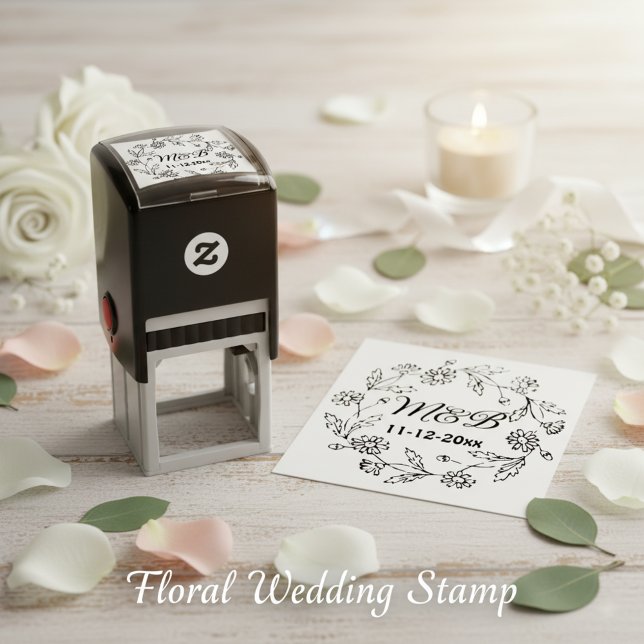 Carimbo Auto Entintado Corrida Floral Russa com Monogramas e data de casa (Rustic floral wedding stamper. 🌼❤️)
