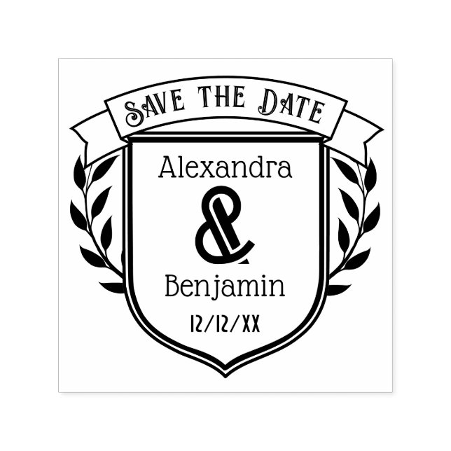 Carimbo Auto Entintado Couple Crest Ribbon Botanical Save the Date #2 (Design)