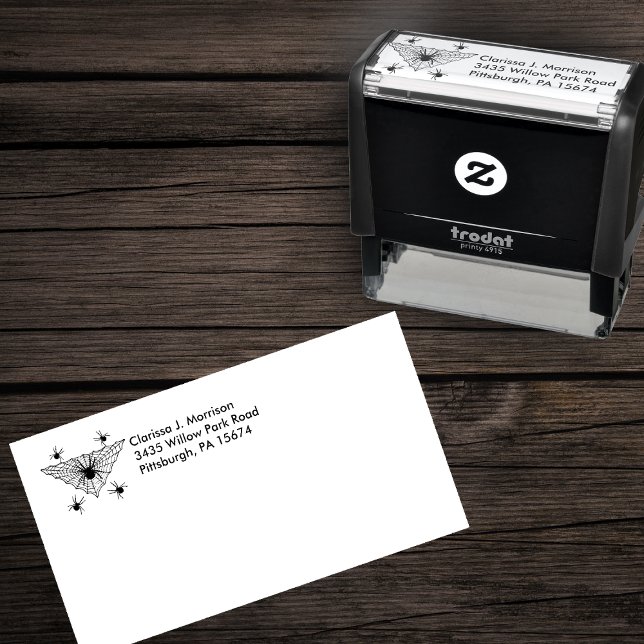 Carimbo Auto Entintado Creepy crawling Spiders in Triangle Shaped Web (Spiders crawling in and around triangle shaped spider web on self inking return address stamp.)