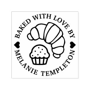 Carimbo Auto Entintado Croissant Muffin Redondo “Assado Com amor por” Nom