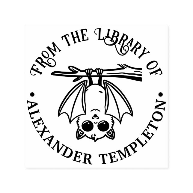 Carimbo Auto Entintado Cute Bat Hanging From Branch Library Book Name (Design)