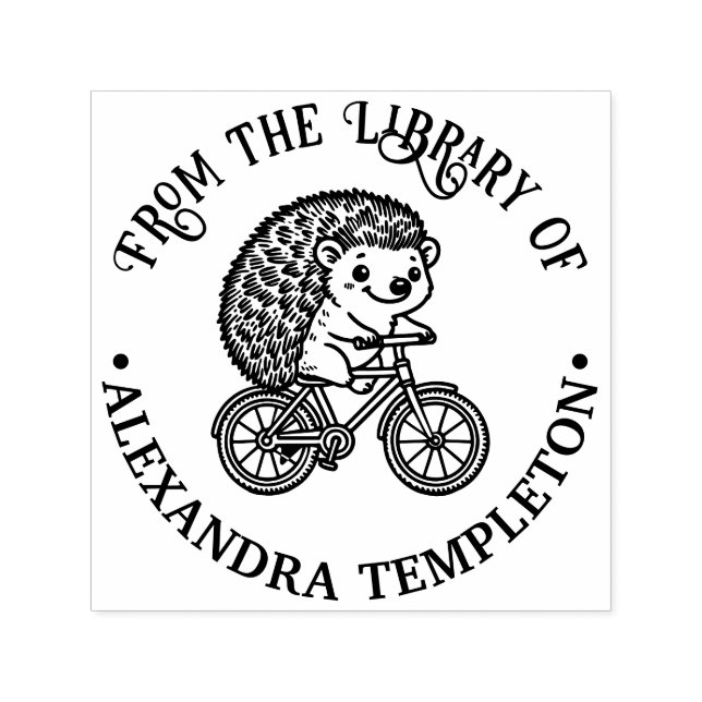 Carimbo Auto Entintado Cute Hedgehog no Bicycle Library Book Name (Design)
