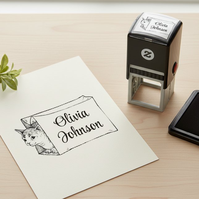 Carimbo Auto Entintado Cute Kitten in a Bag Signature Name Stamp (Lovely signature name stamp with cute kitten peeking out of a paper bag.)