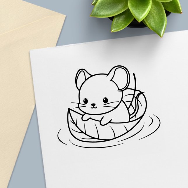 Carimbo Auto Entintado Cute Little Mouse Leaf Boat (Criador carregado)