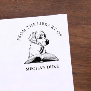 Carimbo Auto Entintado Da Biblioteca de   Cachorro com Livro Elegante