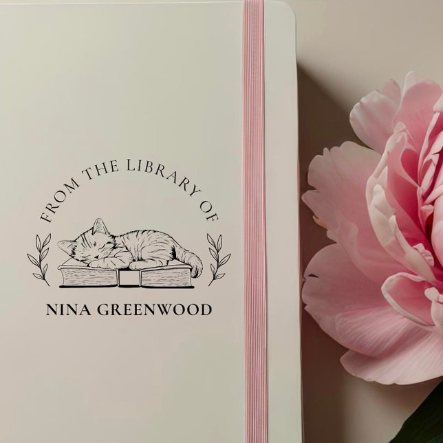 Carimbo Auto Entintado Da Biblioteca de | Cat on Book & Elegant Leaves (Criador carregado)