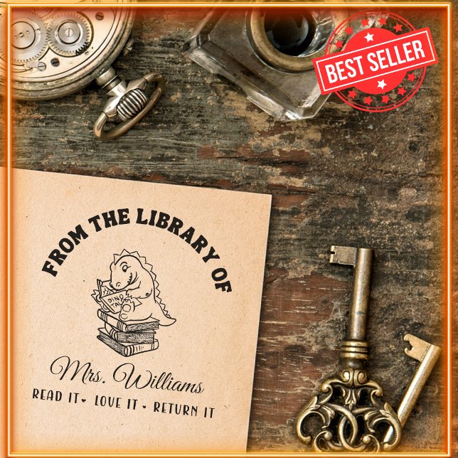 Carimbo Auto Entintado Da Biblioteca De | Dinossauro em Livros Professora (Criador carregado)