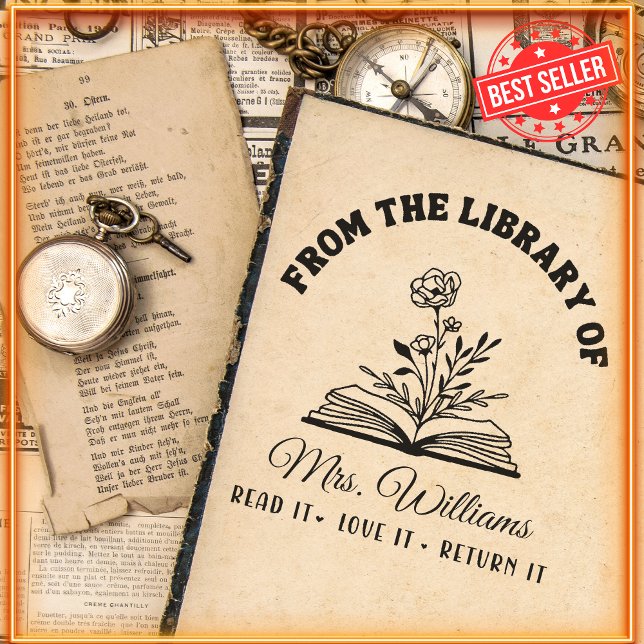 Carimbo Auto Entintado Da Biblioteca De | Rosa Flor no Professor de Livro (Criador carregado)