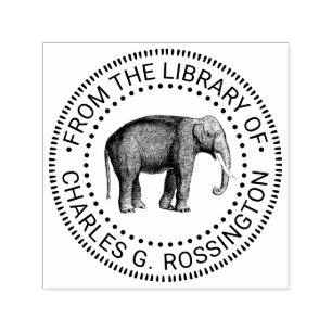 Carimbo Auto Entintado Desenho de Elefante Vintage Nome do Livro da Bibli