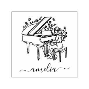Carimbo Auto Entintado Desenho de Linha de Pianista Feminina Personalizad