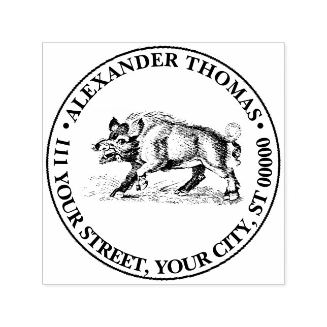 Carimbo Auto Entintado Desenho Vintage de Javali em Preto e Branco #3C (Design)