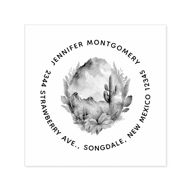 Carimbo Auto Entintado Desert Cactus e Montanhas Nome e Endereço (Design)